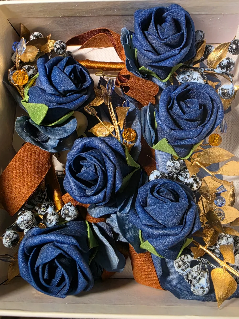 Bridesmaid Bouquet(6pc) And Boutoniere (6pc) Navy, Rust & Cream